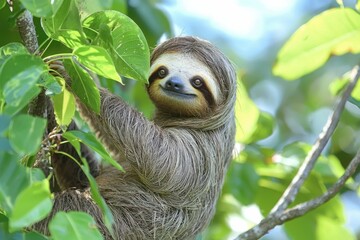 Fototapeta premium A Two-Toed Sloth Clinging to a Tree Branch
