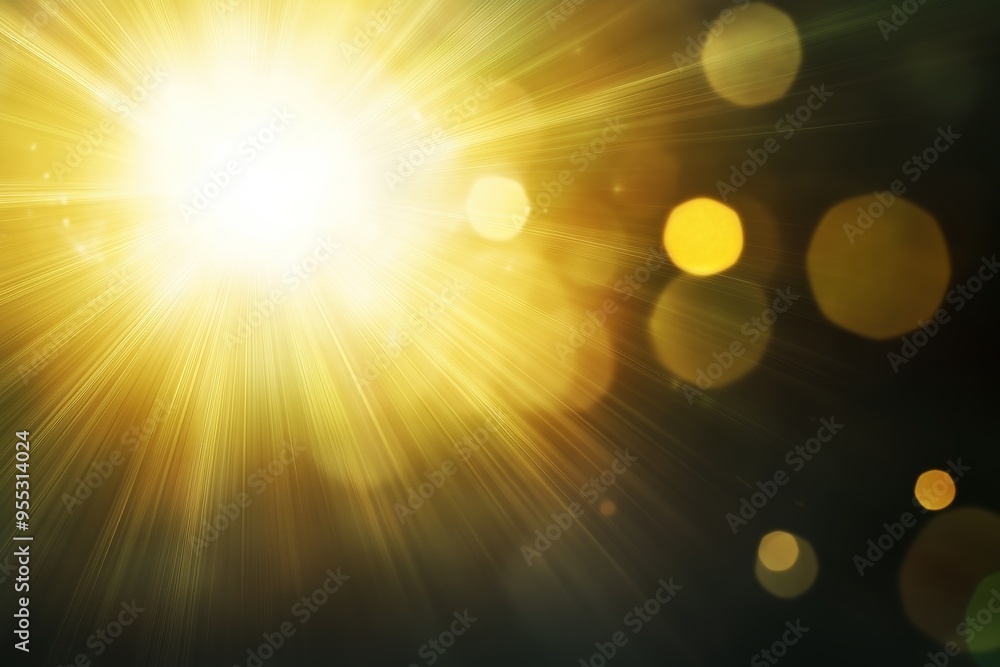 Poster bright sunlight illuminating a dark background with sparkling bokeh effects during a summer afternoo