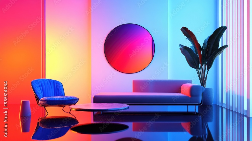 Poster dynamic interior featuring smooth black and colored gradient objects 3d illustration and rendering