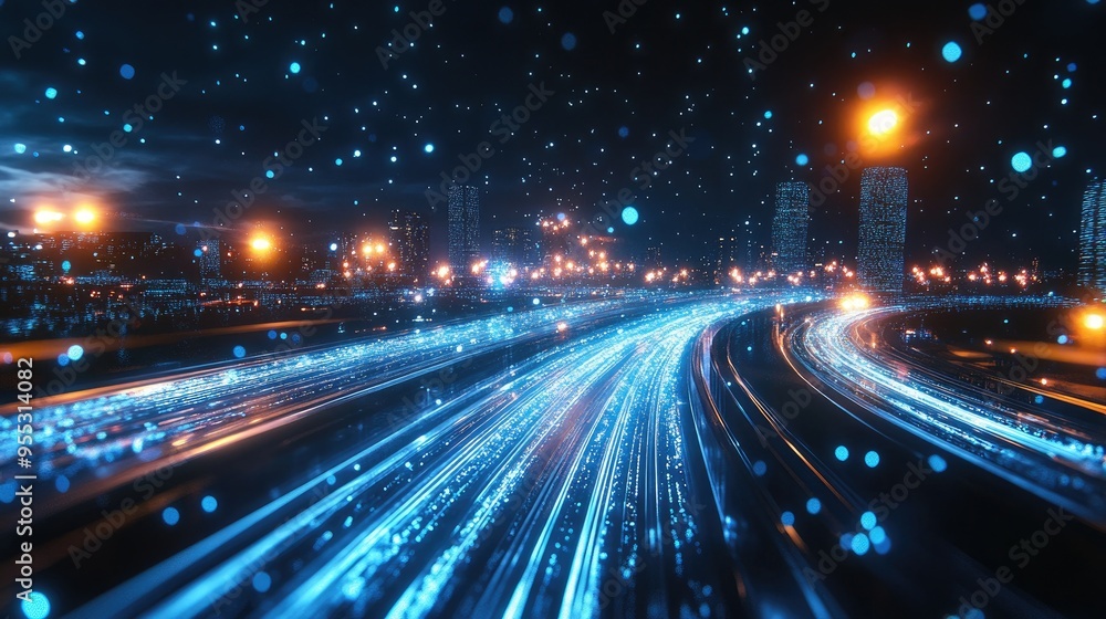 Poster dynamic light streaks traverse an urban landscape showcasing an intricate lighting design that embod