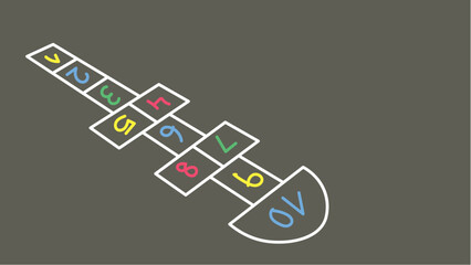 Colorful hopscotch game with numbered squares on a dark grey background, representing a traditional children's playground activity. Hand drawn numbers. 