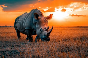 Obraz premium A White Rhinoceros Grazing in Golden Grass at Sunset
