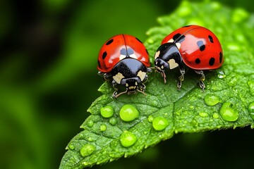 Fototapeta premium Ladybugs, symbols of protection, natureâ€™s guardians represent the careful balance of life in the garden