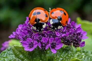 Ladybugs, under the sun, vibrant colors shining bring warmth and joy to the garden