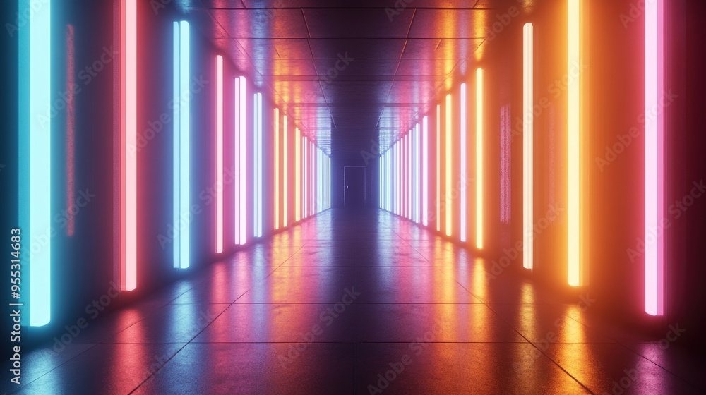 Aufkleber neon vertical lights with glowing lines and vibrant colors create an abstract background in a 3d ren