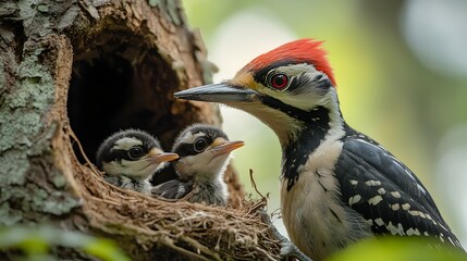 Naklejka premium Woodpecker Mother Feeding Babies in Cozy Nest
