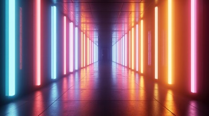 Neon Vertical Lights with Glowing Lines and Vibrant Colors create an abstract background in a 3D rendered dark corridor