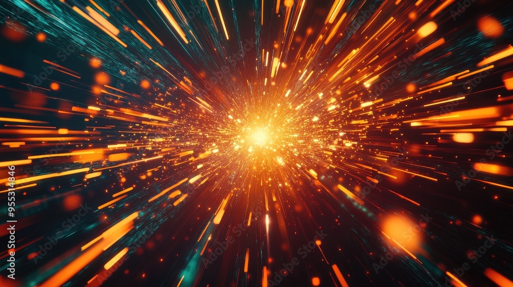 Poster vibrant light particle trails resembling an exploding star featuring radiant particles and lines stu