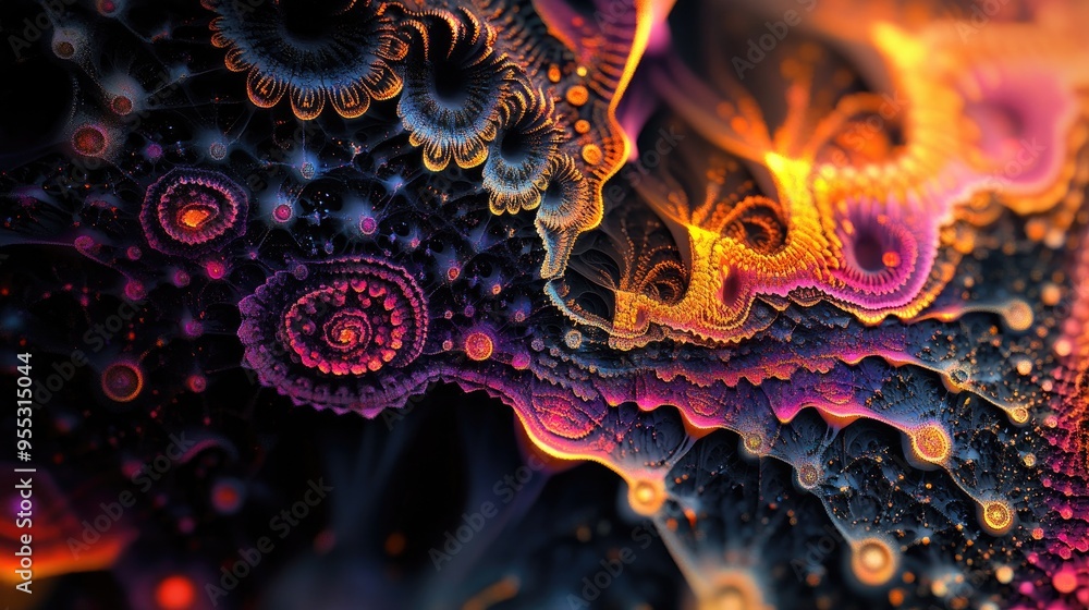 Poster vibrant and intricate fractal design featuring chaotic patterns abstract shapes rendered in 3d ideal
