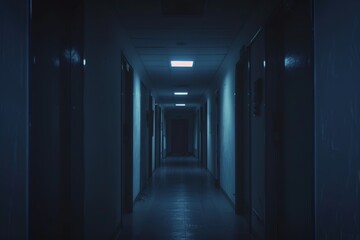 Mysterious dark corridor with closed doors in a modern building