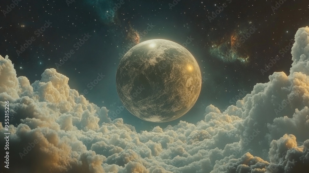 Poster surreal 3d rendering featuring the world and moon with clouds stars and the orion nebula showcasing 