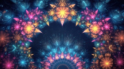 Vivid abstract fractal floral background featuring ornate stars and arches with large blooms at the top and bottom presented in high resolution with luminous blue pink and yellow tones