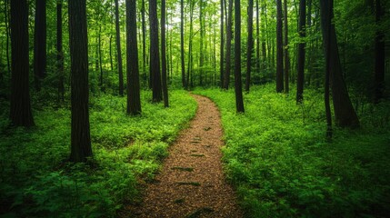 Obraz premium A narrow trail through a lush forest, surrounded by tall trees and vibrant greenery.