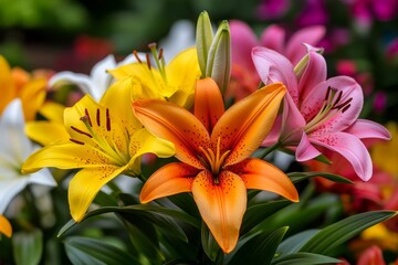 Obraz premium Lilies, in a flower bed, a sea of blossoms create a stunning visual display in the garden