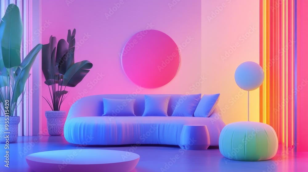 Poster dynamic interior featuring smooth objects with colorful gradients 3d illustration and rendering