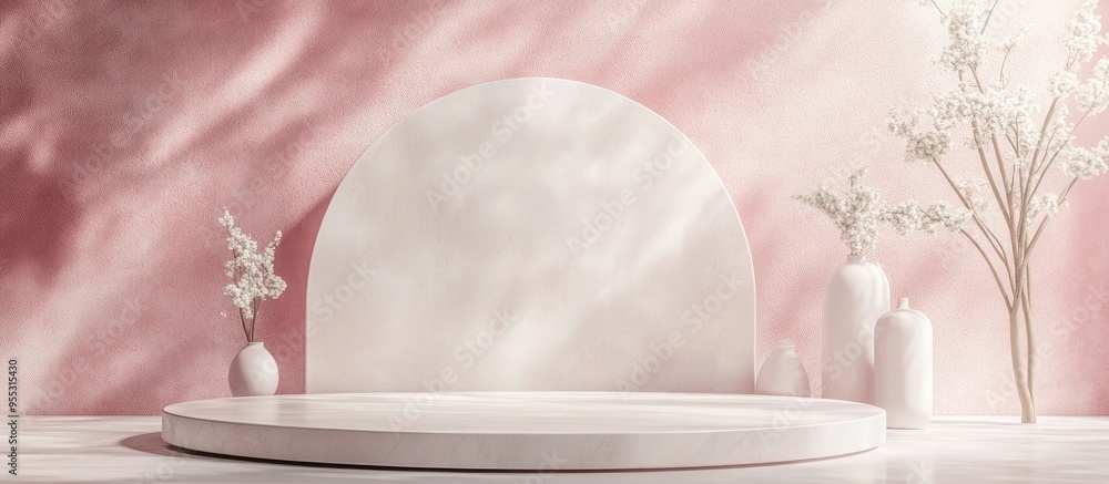 Poster Minimalist background featuring a podium for product display combining abstract white geometric shapes with a soft pink tone for a Valentine s Day theme created through 3D rendering