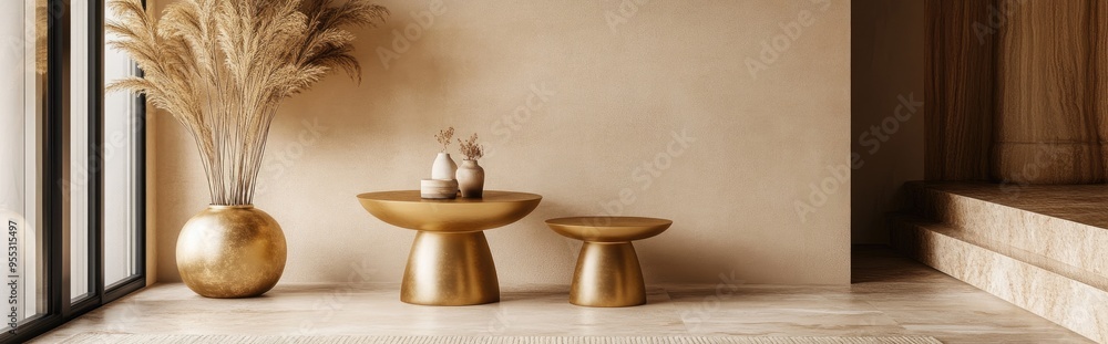 Poster gold side tables in a beige classic interior mockup featuring an abstract background for product dis
