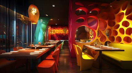 A dynamic restaurant with vibrant themes and 3D-rendered decor