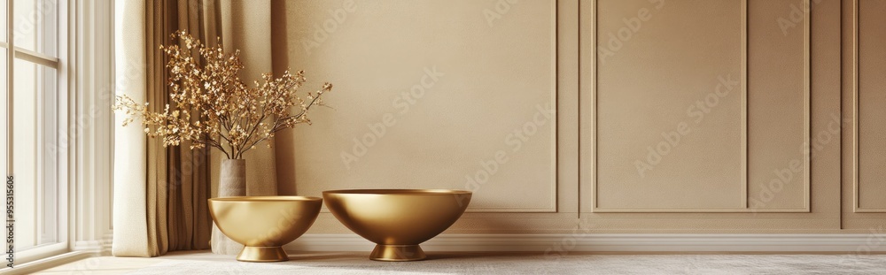 Poster gold side tables in a beige classic interior mockup featuring an abstract background for product dis