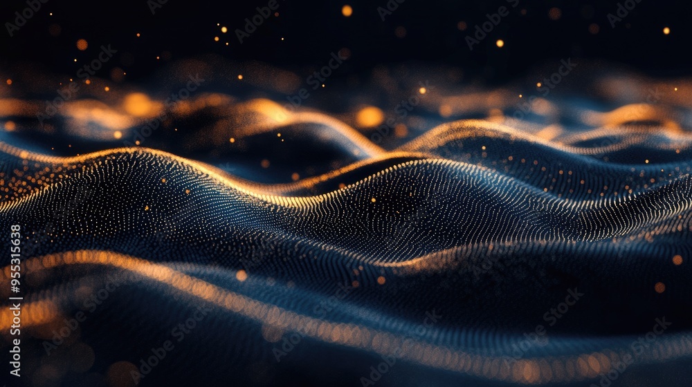 Poster dynamic sound wave particles flow over a dark background abstract blurred lights create a stunning a