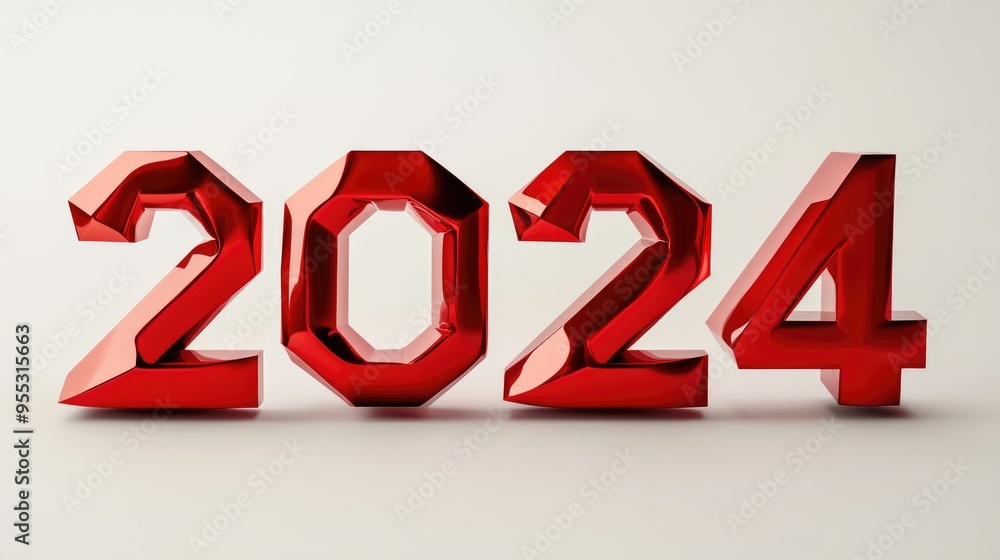 Poster new year theme with red angled numbers representing 2024 set against a white background 3d rendering