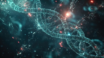 Futuristic representation of neural networks and social connections with an abstract depiction of DNA and cells against a dark backdrop in a 3D illustration