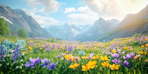 Obraz premium Vibrant spring flower field scene with a natural beauty podium backdrop 3D rendering