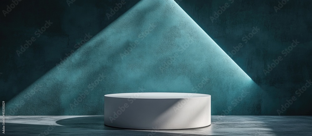 Aufkleber minimal 3d render of a white cylinder podium on an abstract dark teal background with triangular lig