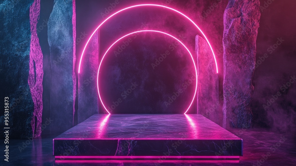 Leinwandbilder Abstract neon background featuring illuminated geometric shapes natural stone elements and a 3D podium render An empty showcase platform designed for presentations and advertising of technology pr