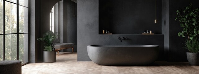 Dark bathroom featuring a parquet floor and concrete podium near a window side view Minimalist grey space with contemporary furniture 3D rendering no people