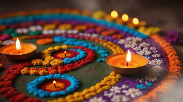 Beautiful diwali diya lamps lit on colorful rangoli, flowers. Seamless looping 4k video animation