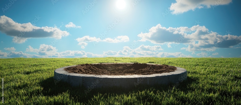 Poster fantasy 3d rendering of a circular podium on a grassy field featuring a surreal cross section of soi