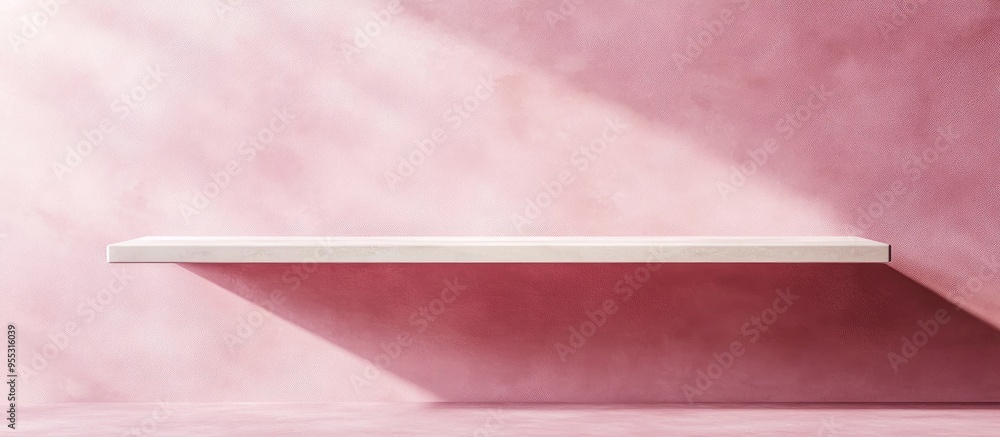 Poster Front view of an empty shelf against a pink wall showcasing a modern minimalistic design Display for showcasing room shelves Realistic 3D rendering