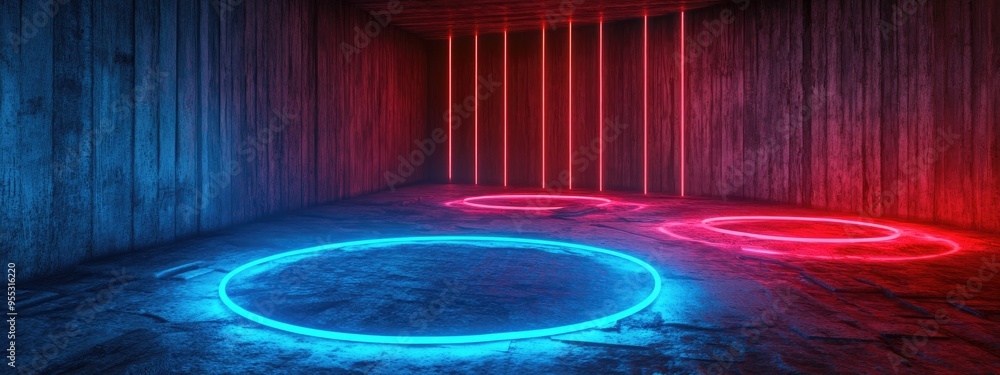 Poster neon illuminated circular lines in a sci fi futuristic setting with blue and red lights on a rough c