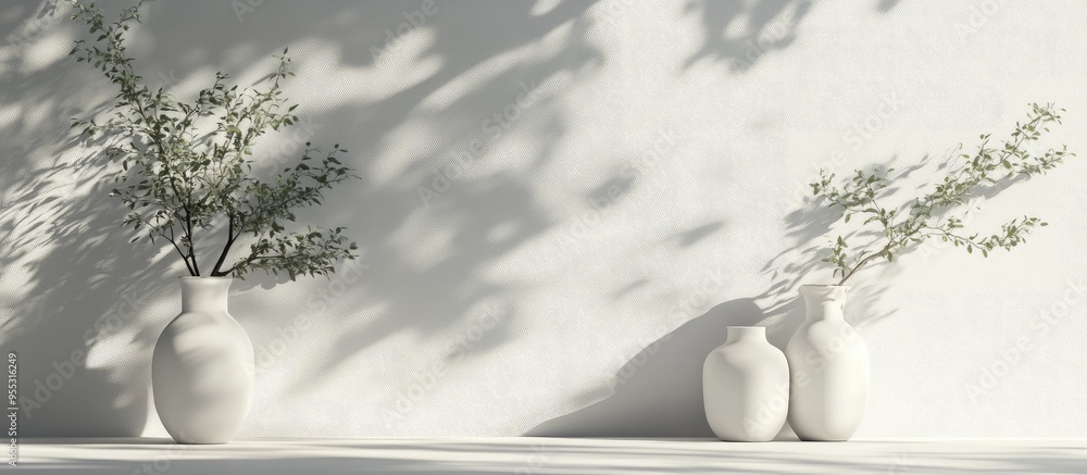 Poster simple monochromatic background featuring vases tree shadows and natural lighting 3d rendering