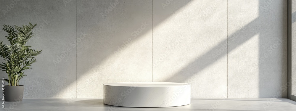 Poster new item displayed on a sleek white pedestal 3d rendering 3d illustration