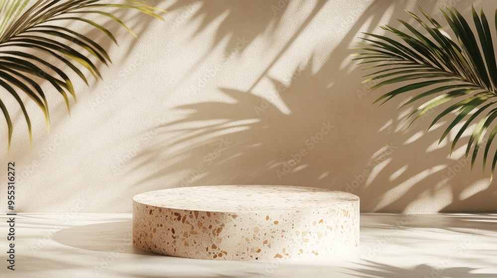 Poster terrazzo podium featuring shadows of tropical palm leaves ideal for cosmetic product display 3d rend