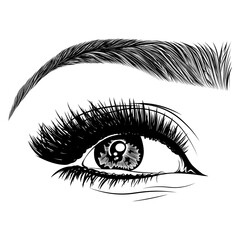 Obraz premium Illustration with woman's eye, eyelashes and eyebrow. Realistic sexy makeup look. Tattoo design. Logo for brow bar or lash salon.
