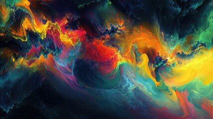 Vibrant multi colored computer generated artwork set against a dark backdrop