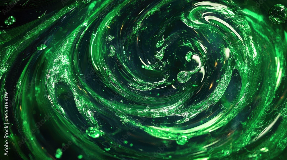 Poster glowing green swirl and twirling glass effects create an intricate pattern on a dark backdrop showca