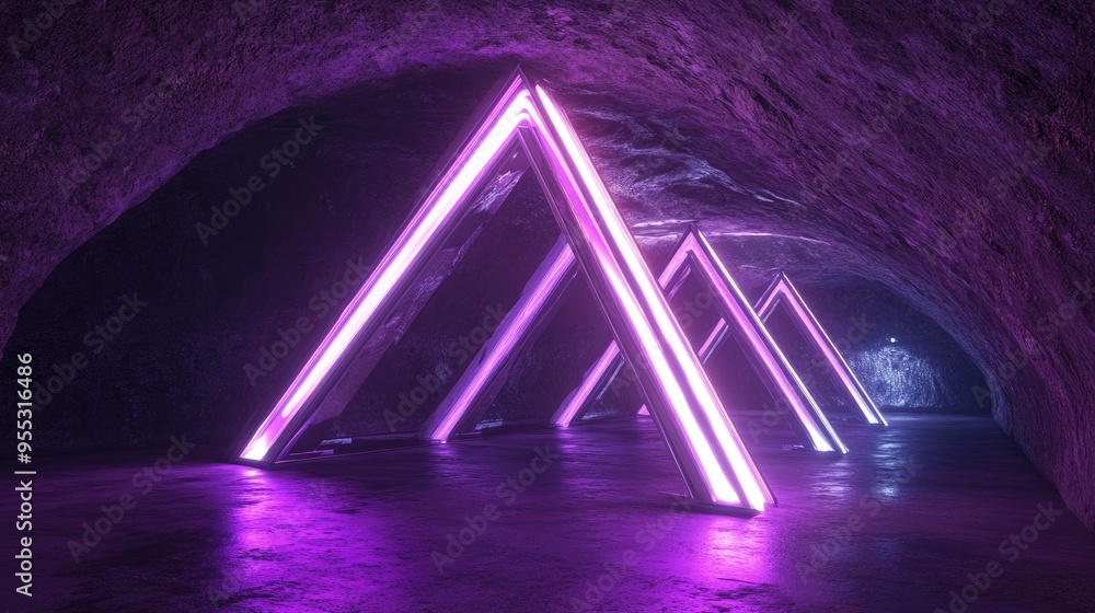 Poster futuristic neon lit scene featuring a triangular metal structure in a dark underground space designe