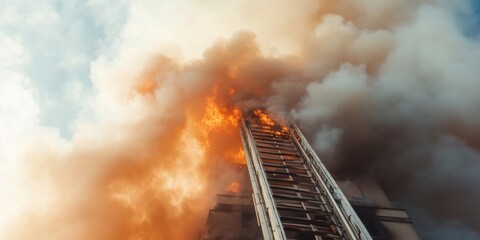 Brave Firefighters Battling High-Rise Fire, Morning Urban Scene, Protective Gear, Intense Action