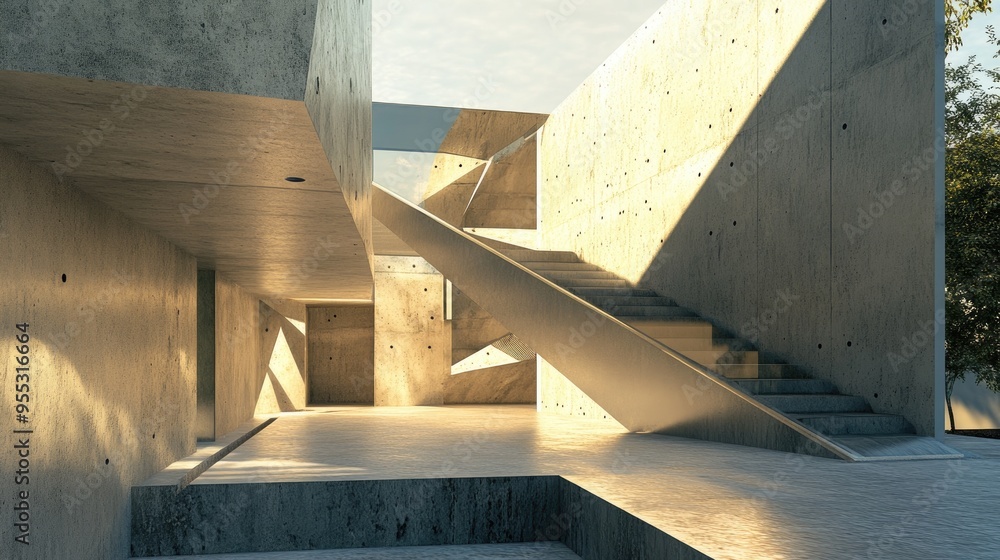 Poster Geometric architectural design featuring a balcony in the background rendered in 3D