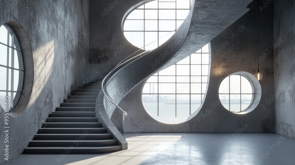 Aufkleber interior architectural background featuring curved stairs and round windows in an industrial style l