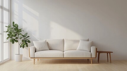 Minimalist living room featuring a sofa showcasing Scandinavian interior design in a 3D illustration
