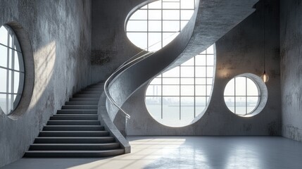 Fototapeta premium Interior architectural background featuring curved stairs and round windows in an industrial style loft 3D render