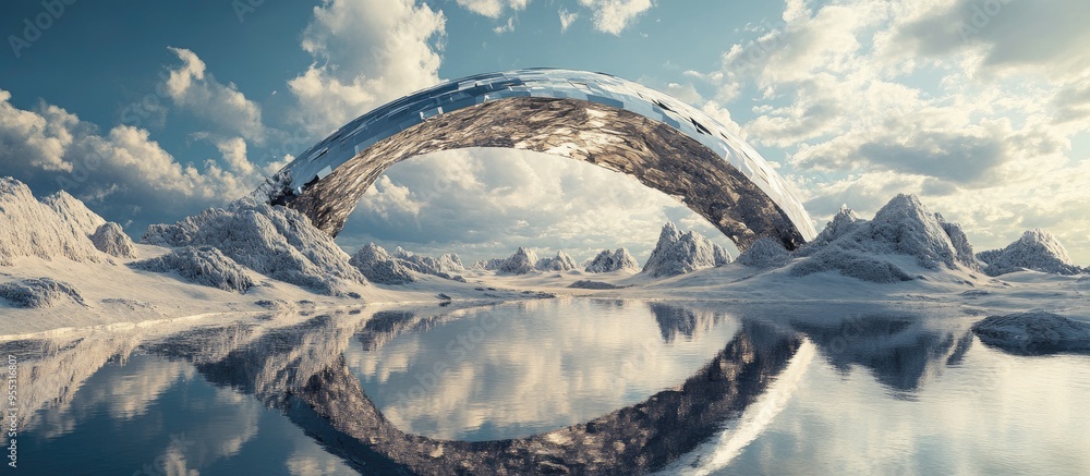 Poster surreal dreamlike landscape featuring abstract dunes in a winter setting with a geometric arch encha