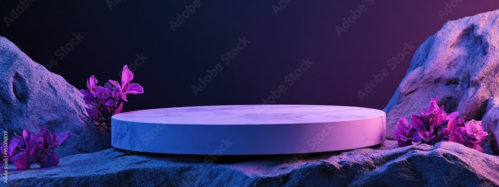 Aufkleber Elegant podium display on a rock surface Mock up for cosmetics and skincare backdrop featuring product presentation with stone elements