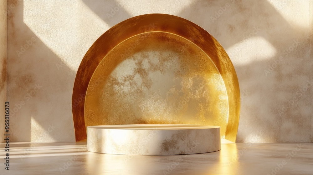 Poster elegant abstract gold podium within a hemisphere shell characterized by a minimalist and refined 3d 