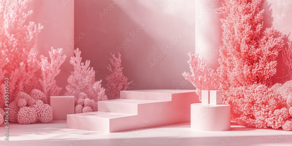 Aufkleber Abstract background featuring pink coral shapes with minimalistic boxes and geometric podiums A scene showcasing stairs and geometric forms creating an empty display for cosmetic product presentat